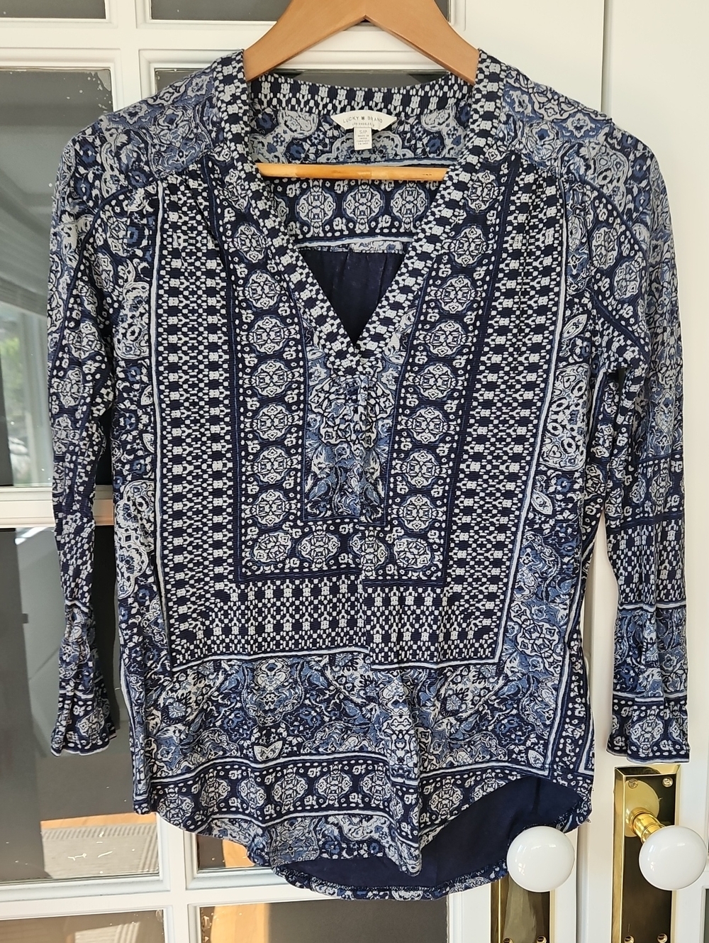 Lucky Brand Navy and White V-Neck Printed Tunic